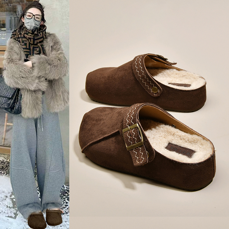 厚底勃肯鞋女2025新款冬季外穿加绒保暖包头棉拖鞋一脚蹬穆勒单鞋