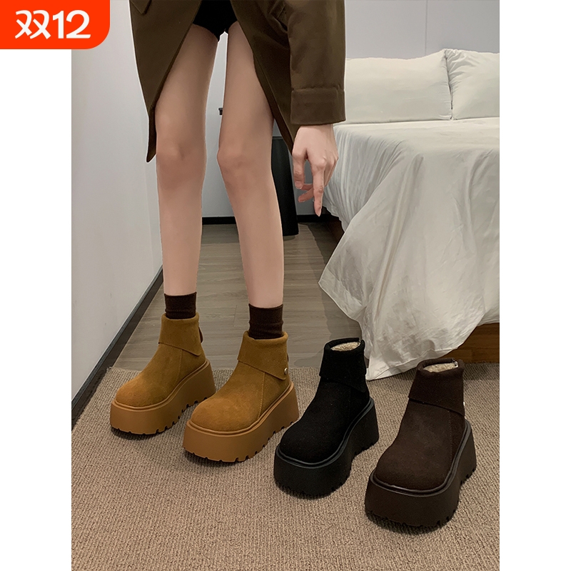雪地靴女2025冬季棉鞋加绒勃肯鞋流行增高短靴厚底女鞋黑色高跟