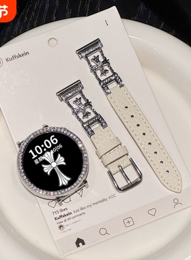 适用华为手表gt6/gt5表带gt4女士表链新款gt3腕表真皮watch4pro手表带荔枝纹镶钻十字架荣耀4pro可爱高级男
