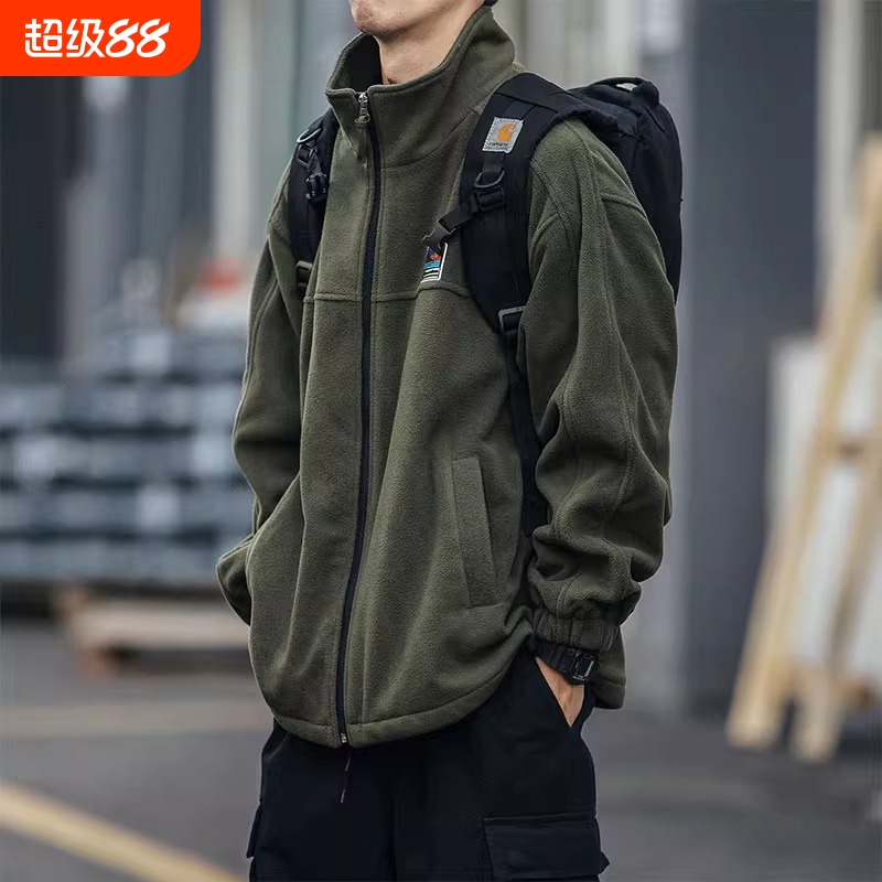 日系复古摇粒绒开衫卫衣男立领宽松拉链外套春秋街头休闲运动夹克