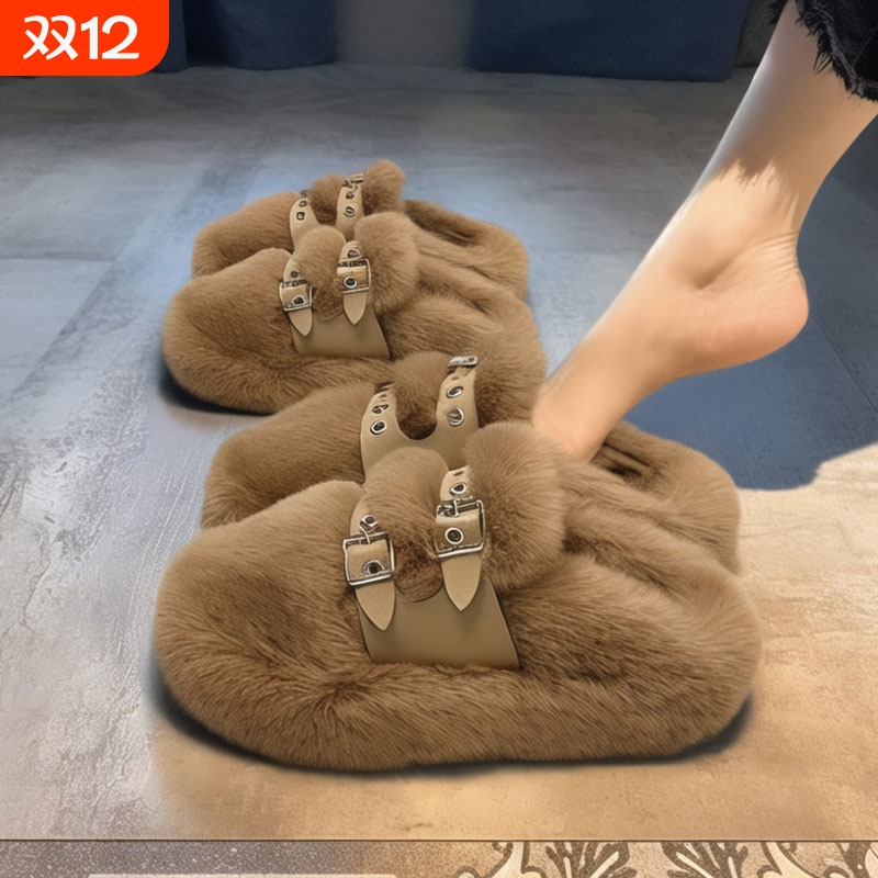 【兔毛绒】厚底毛毛拖鞋女2025新款秋冬加绒保暖舒适软底孕妇棉拖