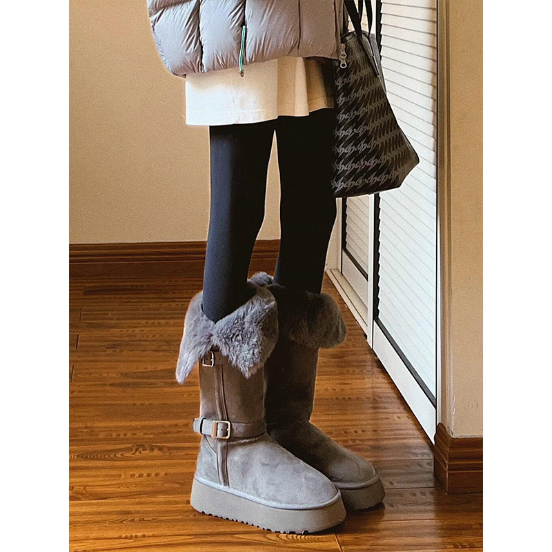 小个子厚底灰色长筒雪地靴女2025冬新款增高加绒加厚保暖东北棉鞋