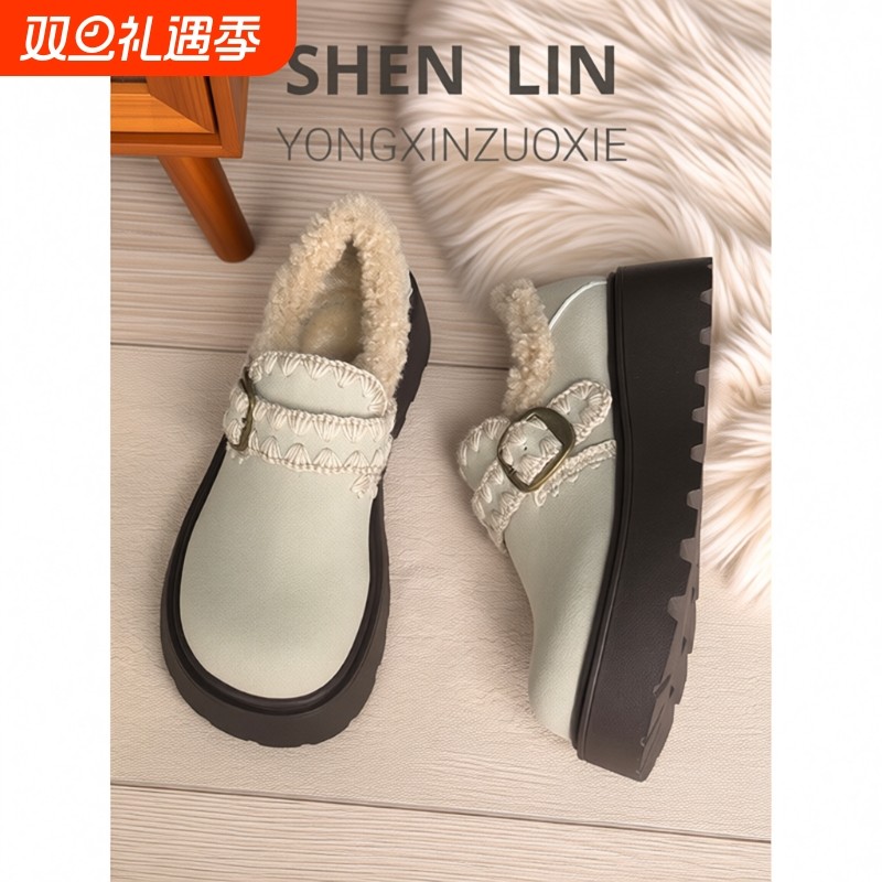 勃肯鞋百搭毛毛鞋穆勒鞋棉鞋2025年冬季新款加棉毛毛毛绒米色