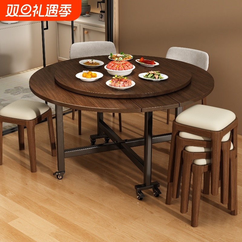 折叠桌饭店大圆桌家用吃饭桌子酒店实木餐桌带转盘客厅聚会桌子