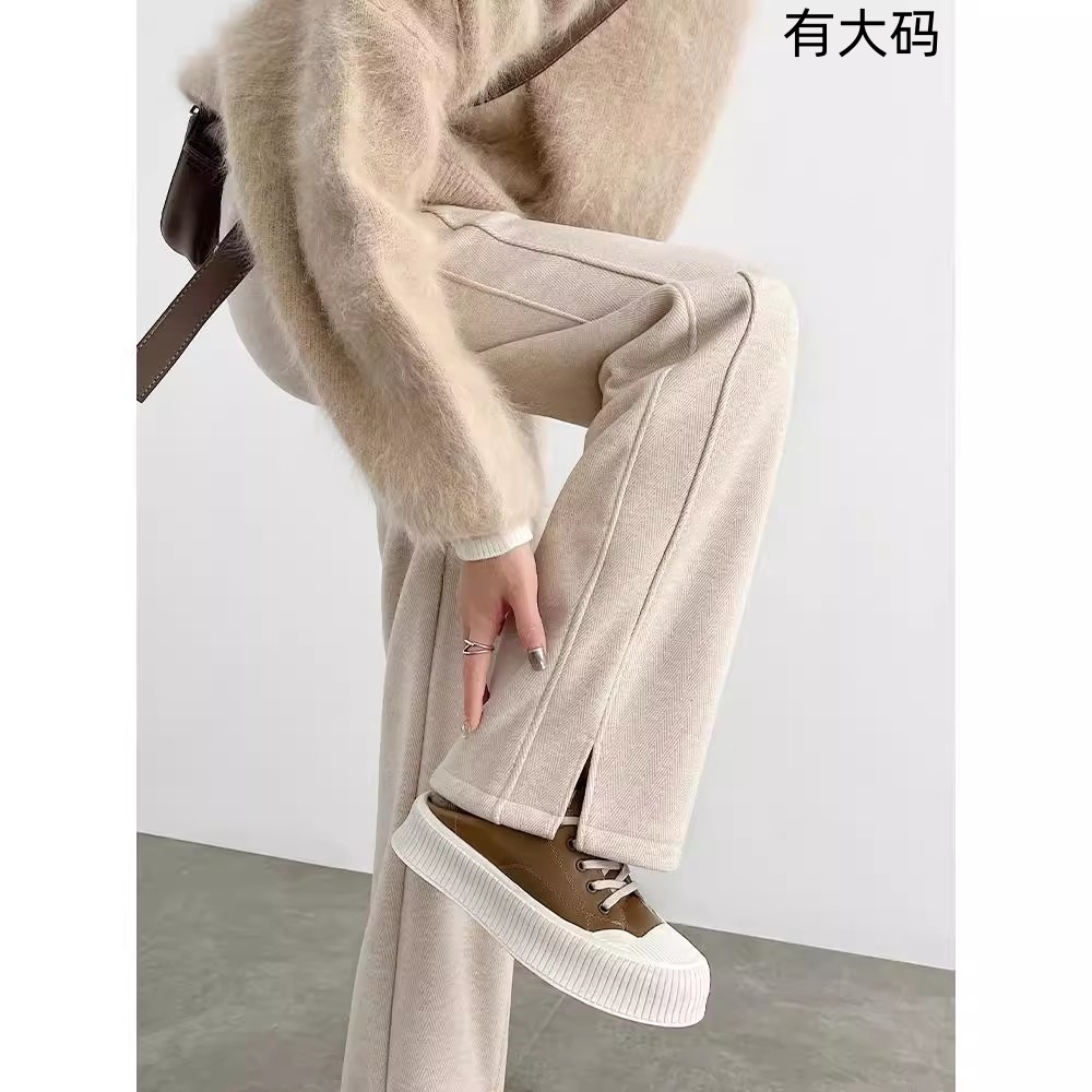 人字纹加绒阔腿裤女秋冬2025新款毛呢开叉裤子直筒窄版香蕉裤大码