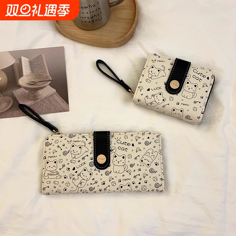 新款日系可爱猫咪卡通两折钱包多功能大容量搭扣卡包女零钱包钱夹