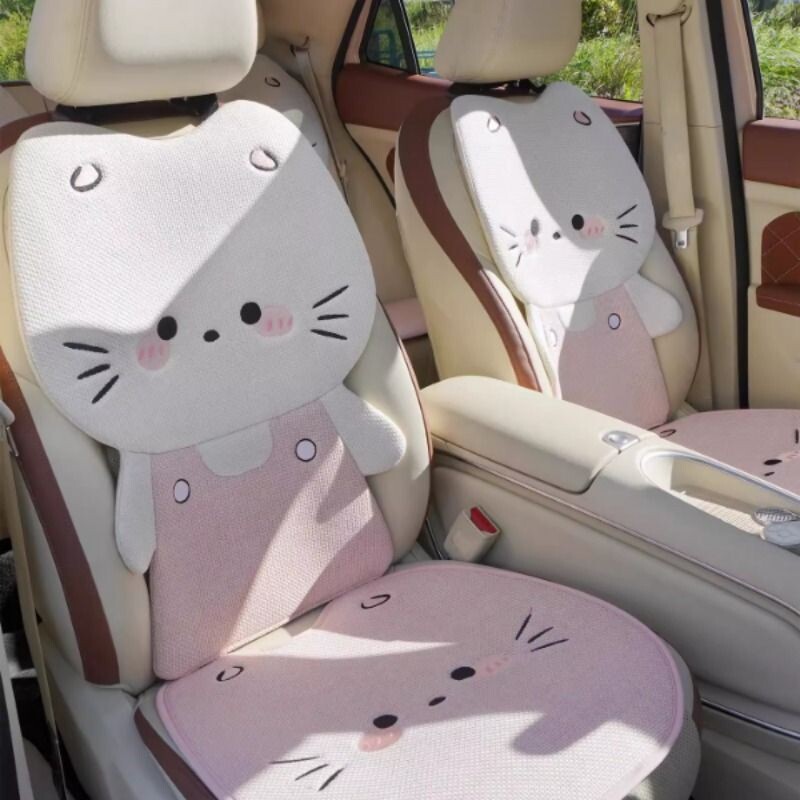 汽车坐垫四季通用亚麻可爱立体萌猫座垫夏透气后排凉垫女士座椅套