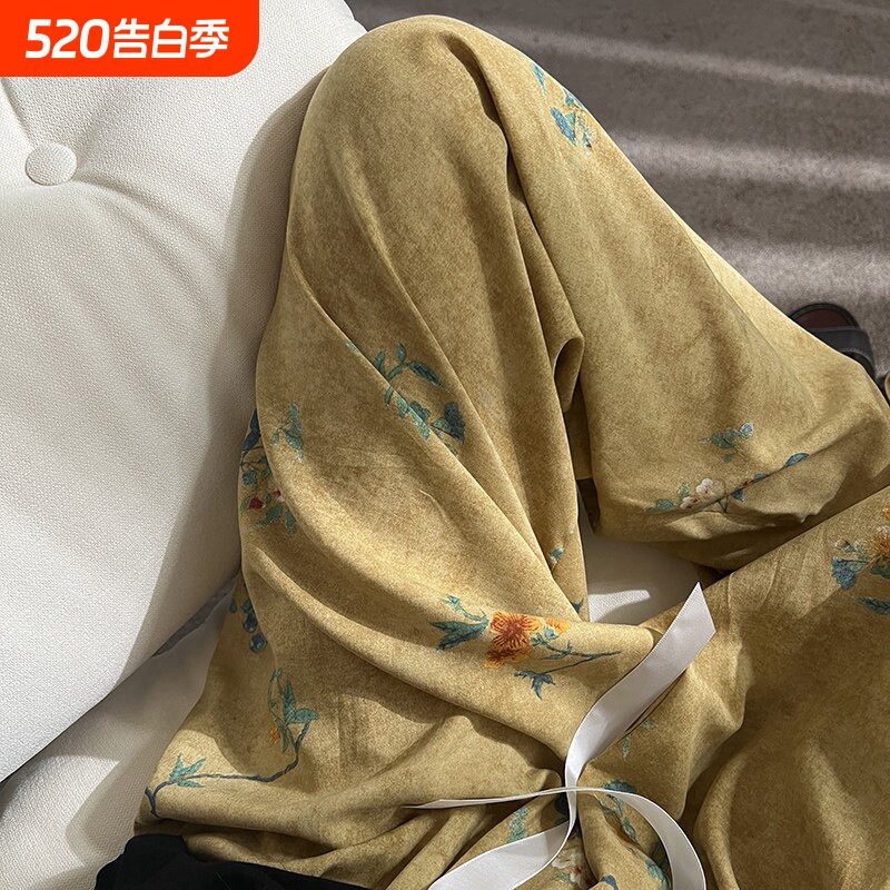 棉绸睡裤女2026春秋夏季复古新中式家居裤可外穿妈妈宽松直筒长裤