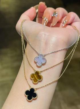 四叶草项链白贝母幸运黑玛瑙红玉髓轻奢满钻锁骨链红玛瑙黄金纯银