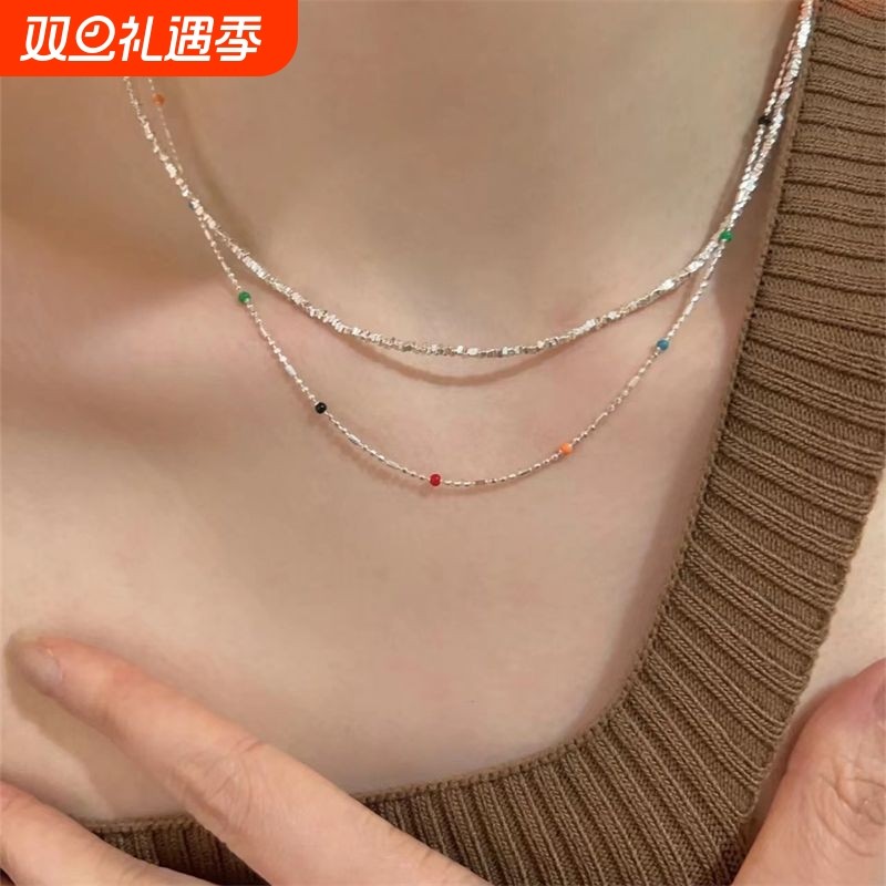 花雾意境双层小豆子串珠项链彩色叠戴碎银可调节仙女锁骨链可爱