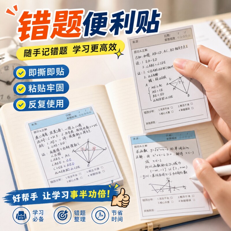 错题便利贴学生专用改错订正贴纸免抄神器有粘性考研数学英语错题本高颜值便签纸纠错覆盖可粘贴学习用品可撕图片