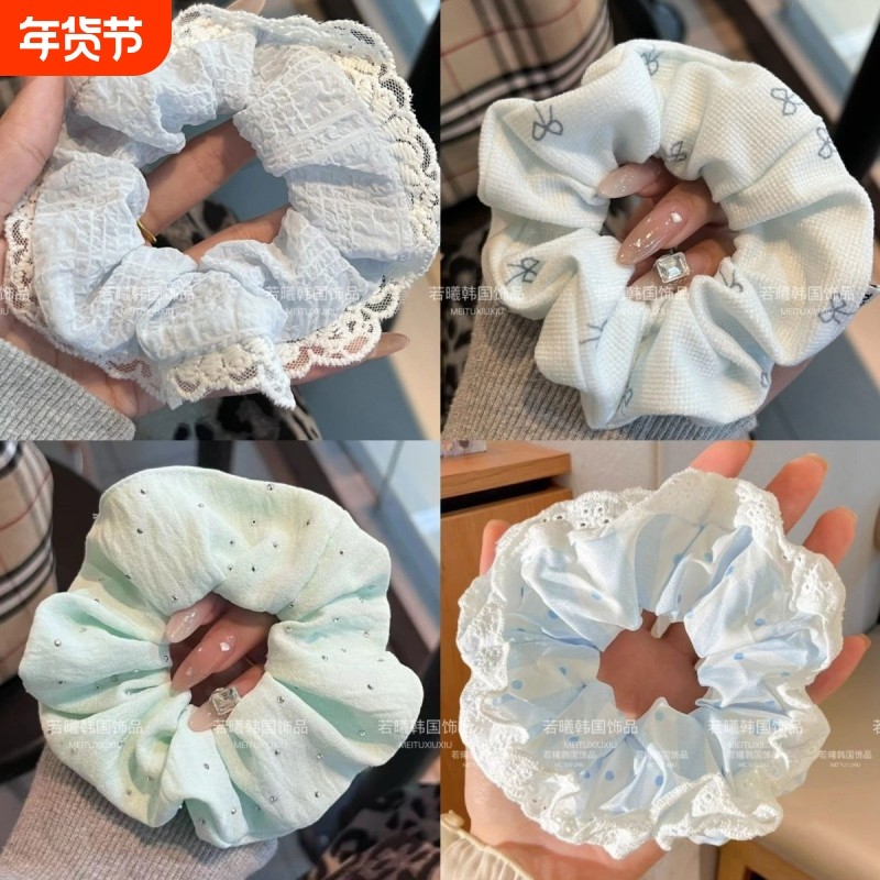 甜美蓝色系蕾丝发圈超仙少女百搭大肠发圈韩版蝴蝶结马尾扎头发饰