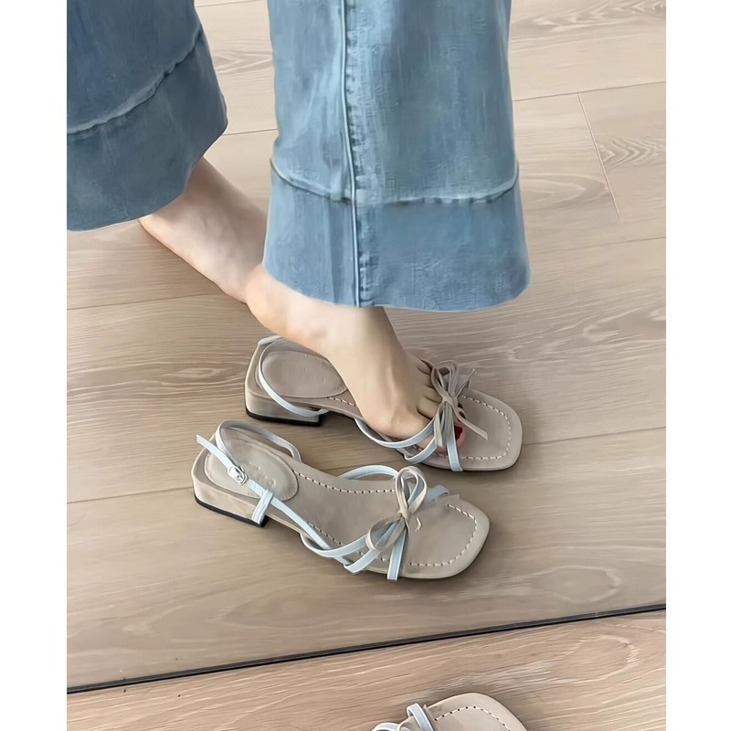 法式蝴蝶结配裙子露趾凉鞋女2025新款夏季外穿细带气质粗跟凉拖鞋