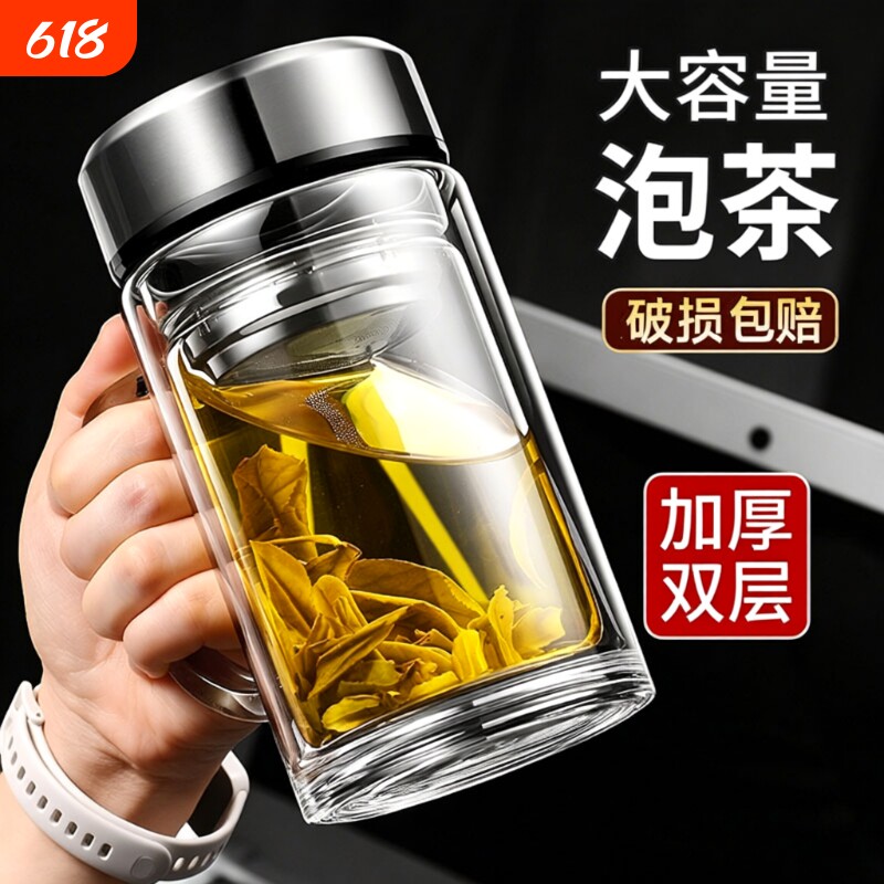 手柄玻璃杯办公杯喝水杯男大容量泡茶杯带盖杯子茶水防爆保温隔热