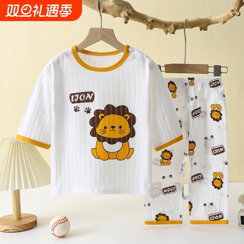 新款儿童纯棉家居服套装夏季长袖睡衣薄款空调服男女童装洋气