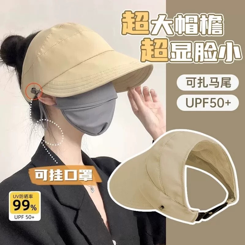 空顶防晒遮阳帽女2026新款可扎高马尾口罩大檐帽子鸭舌渔夫帽户外