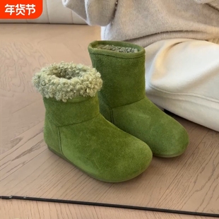 雪地靴牛皮版~小众丑萌绿色时髦个性棉靴女磨砂皮内增高加绒勃肯