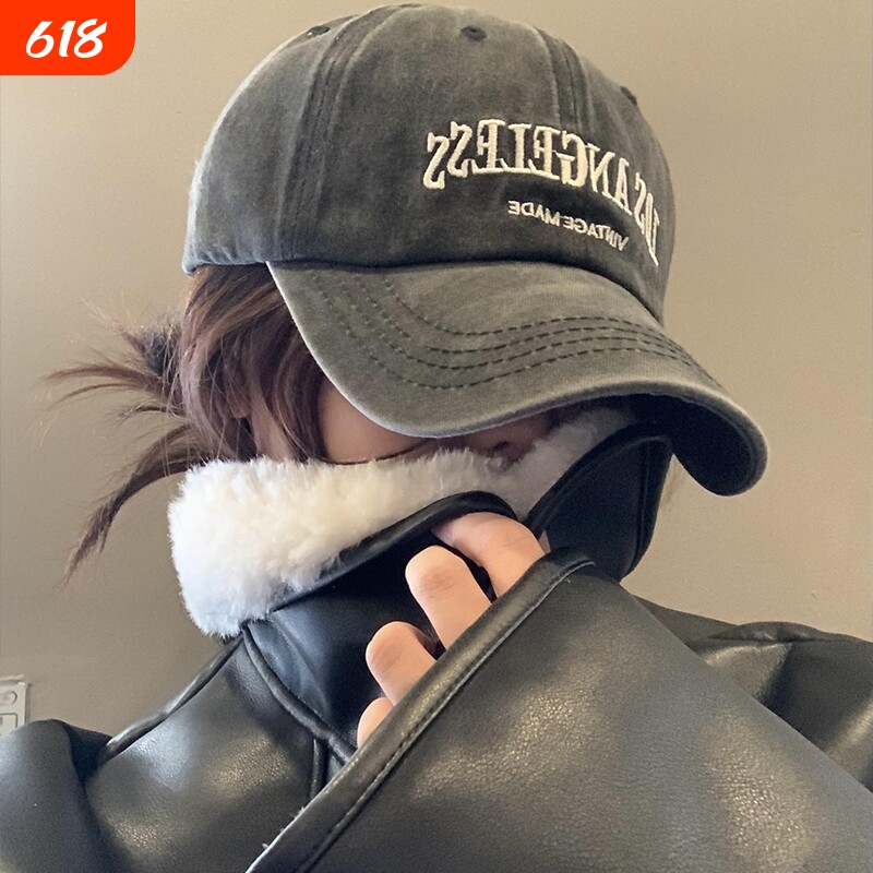 水洗牛仔棒球帽女2026新款美式大头围鸭舌帽宽帽檐灰色帽子红色