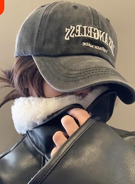 水洗牛仔棒球帽女2026新款美式大头围鸭舌帽宽帽檐灰色帽子红色