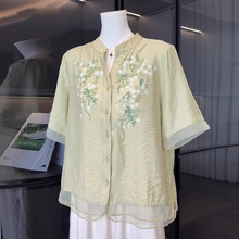 妈妈短袖新款衬衫大码棉麻上衣高端中老年女装夏季薄国风套装开衫