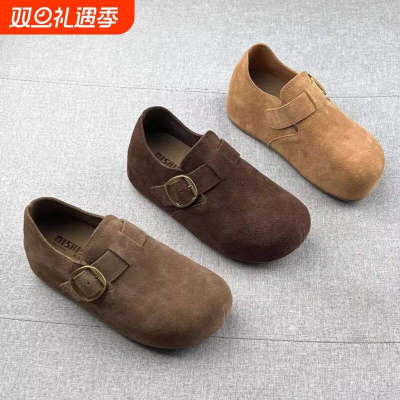 米新款~真皮一脚蹬内增高厚底勃肯鞋2025年秋乐福鞋豆豆鞋女深口