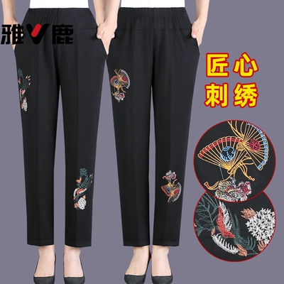 妈妈中老年春款刺绣裤子老人夏季