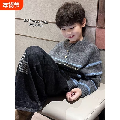 男童毛衣针织衫2025秋冬新款中大童韩版帅气条纹打底衫上衣潮灰色