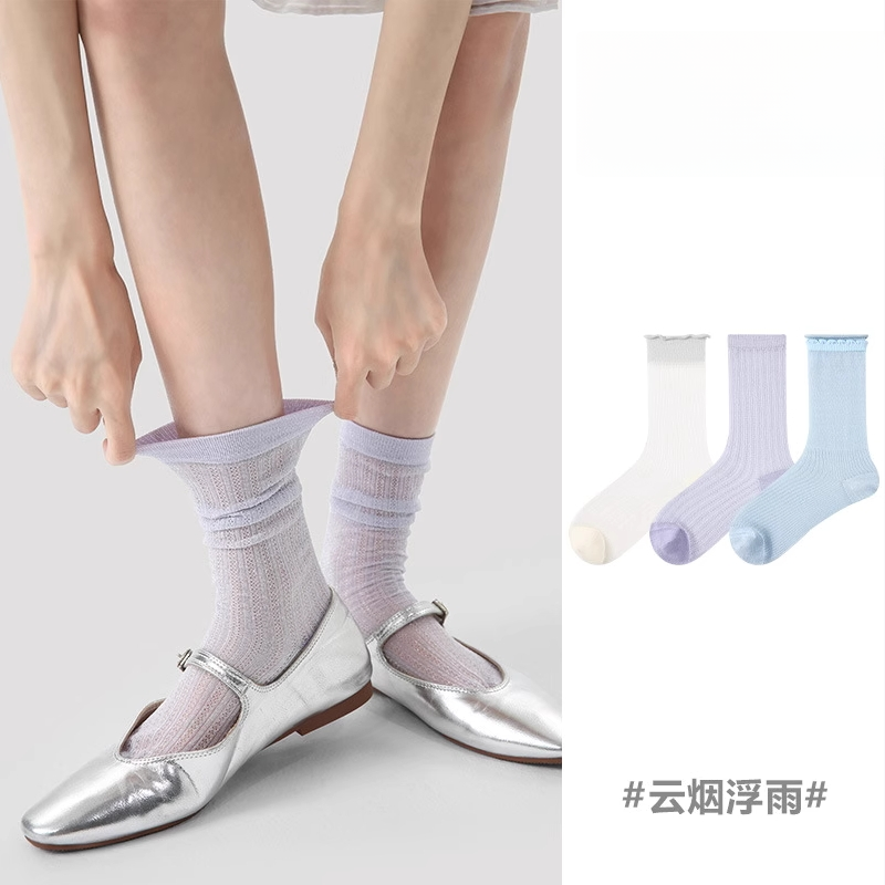 女士春夏薄款弹性甜美水晶袜中筒女袜卡丝花边透气堆堆袜轻薄夏日