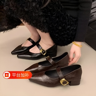 意尔康心选粗跟尖头单鞋女秋季气质舒适低跟休闲鞋法式玛丽珍女鞋