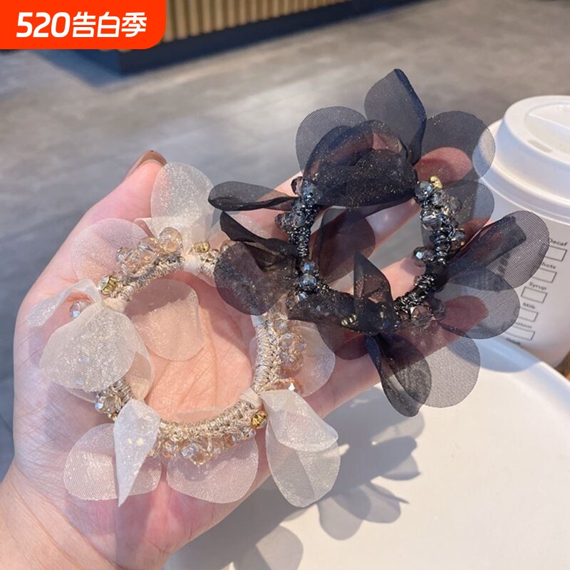 气质花瓣发圈欧根纱水晶精致高马尾丸子头扎头绳女发绳蝴蝶结黑色