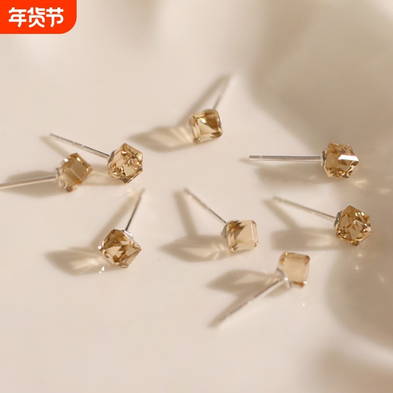 小麋人925气质茶色方糖方块水晶纯银耳钉睡觉不用摘耳环ins日韩