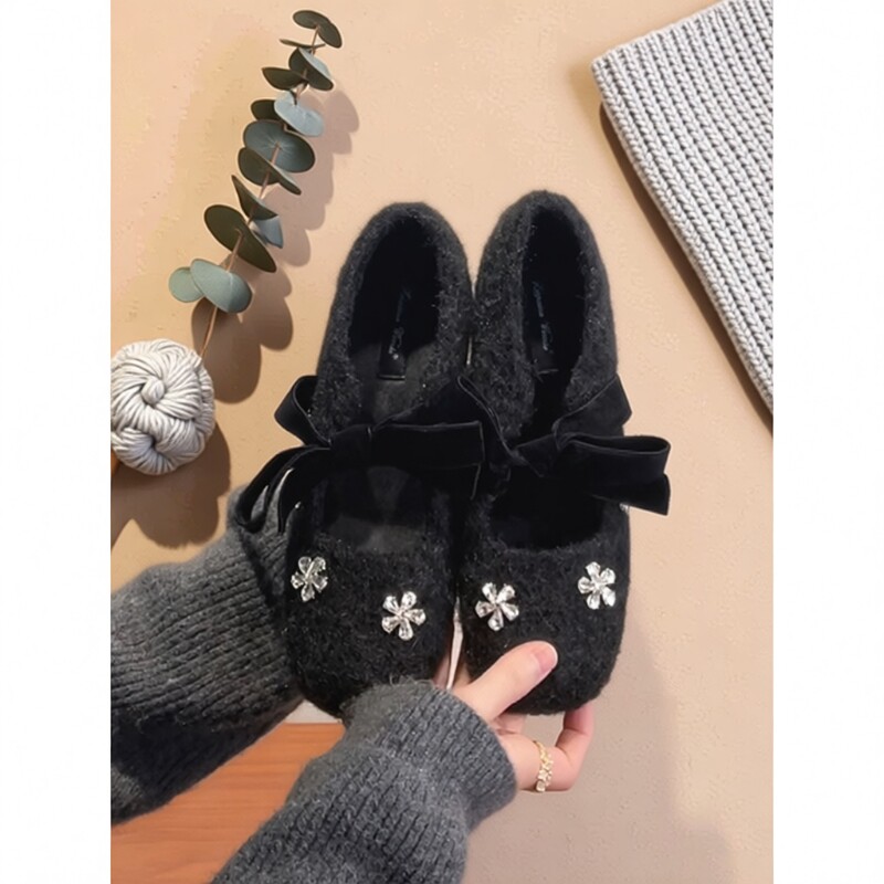 羊毛版~法式毛绒玛丽珍鞋女豆豆鞋内增高毛呢单鞋鞋子灰色圆头