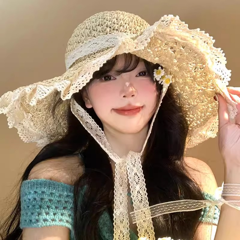 蕾丝花边草帽女夏季旅游海边沙滩甜美遮阳防晒渔夫帽大檐太阳帽子