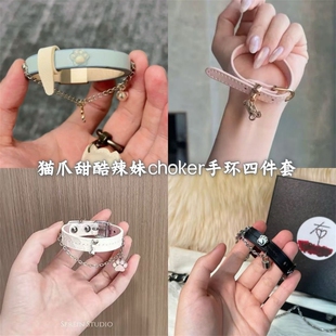 蓝色甜酷辣妹choker甜酷气质爆款猫爪手环洛丽塔手圈手链新款手饰