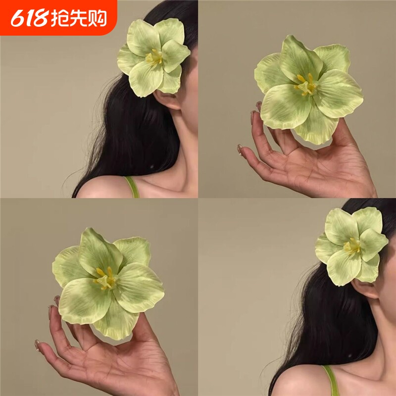 发夹氧气花朵 度假风春日小众设计感绿色头饰郁金香少女刘海侧边