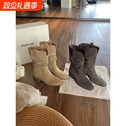 葡萄妈studiolee 增高8cm~圆头V口粗跟厚底显瘦大筒围堆堆短靴女