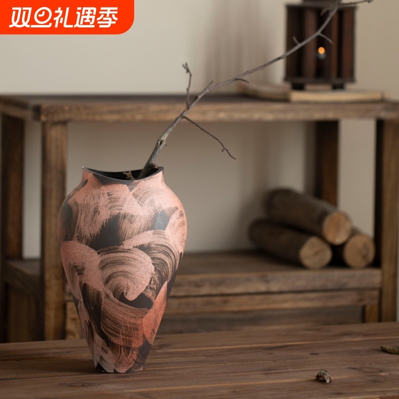 景德镇复古怀旧陶瓷花瓶侘寂风粗陶花器民宿酒店展示柜装饰品摆件