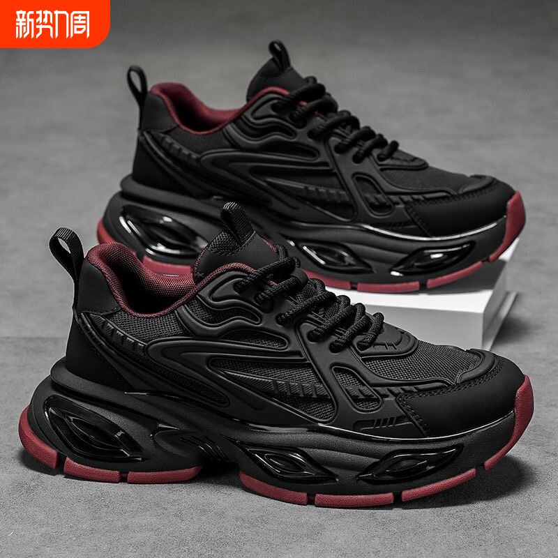 男鞋2026新款春季气垫减震运动鞋厚底增高纯黑色休闲潮鞋防滑耐磨