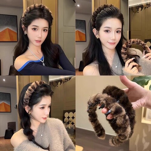 秋冬复古豹纹带齿毛绒发箍