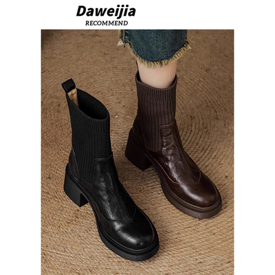 大薇家黑色高跟圆头靴