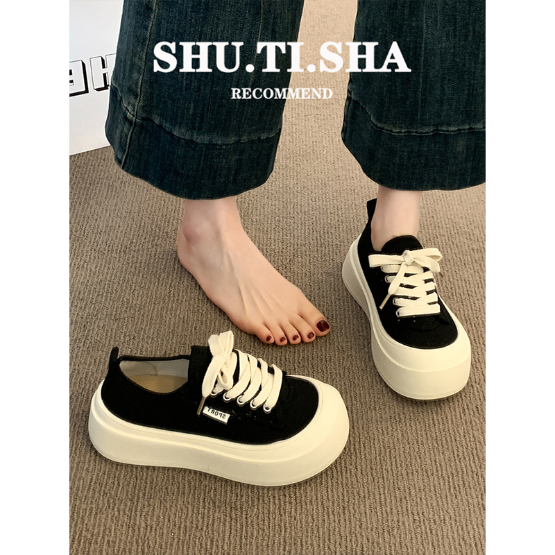 帆布鞋女厚底饼干鞋2025新款秋季女鞋子网红百搭薄款透气休闲板鞋