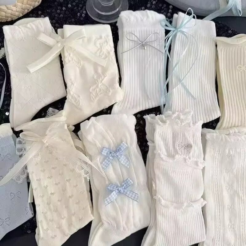 少女袜子女jk中筒夏季ins蕾丝蝴蝶结白色甜美花边长袜仙女袜珍珠