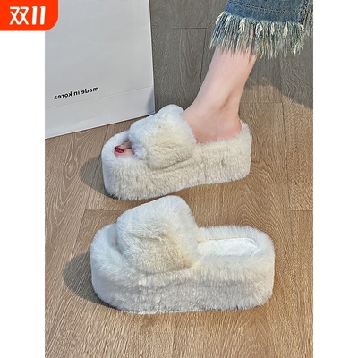 恨天高7cm松糕增高ins毛毛鞋外穿气质棉拖女2025秋冬毛茸茸一字拖