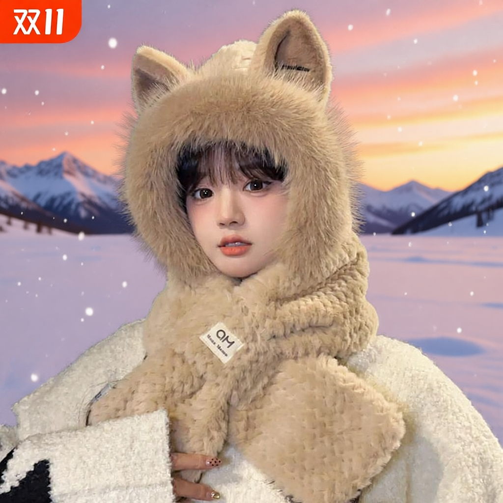 帽子围巾秋冬季女学生成人骑车防寒保暖加绒护耳围脖套装白色狐狸