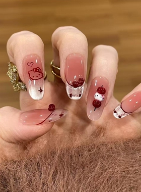 手工美甲穿戴甲中长款新年法式猫眼蝴蝶结糖葫芦显白渐变贴片红色