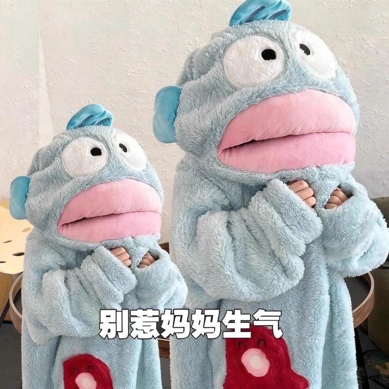 加绒加厚丑鱼睡衣儿童可爱搞怪连体女秋冬季珊瑚绒亲子卡通家居服