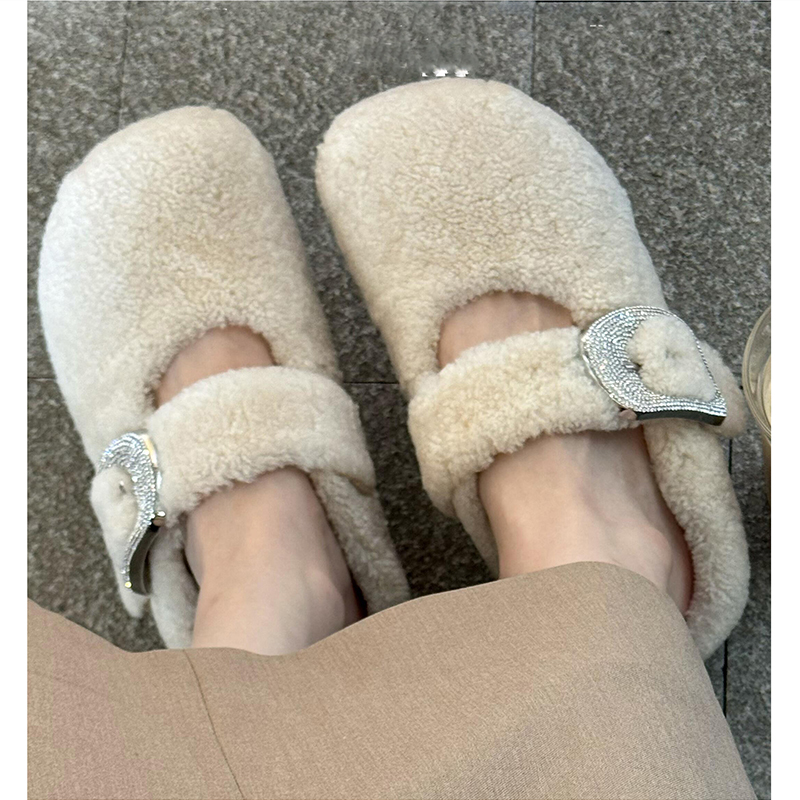 周也同款白色爆款包头羊羔毛毛拖鞋女外穿加绒棉鞋水钻勃肯鞋平底