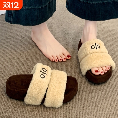 厚底增高毛毛拖鞋女外穿2025新款秋冬季加绒保暖棉拖鞋毛绒黑色