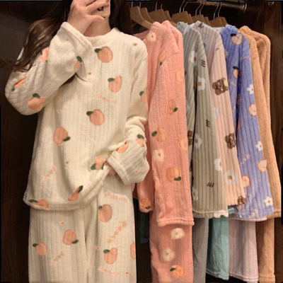 可外穿睡衣秋冬款女珊瑚绒居家居服套装2024新款加绒加厚冬天粉色