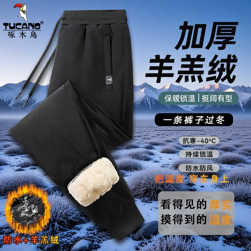 啄木鸟棉裤男士加绒裤子男款冬季加厚冲锋裤外穿防风保暖羊羔绒男